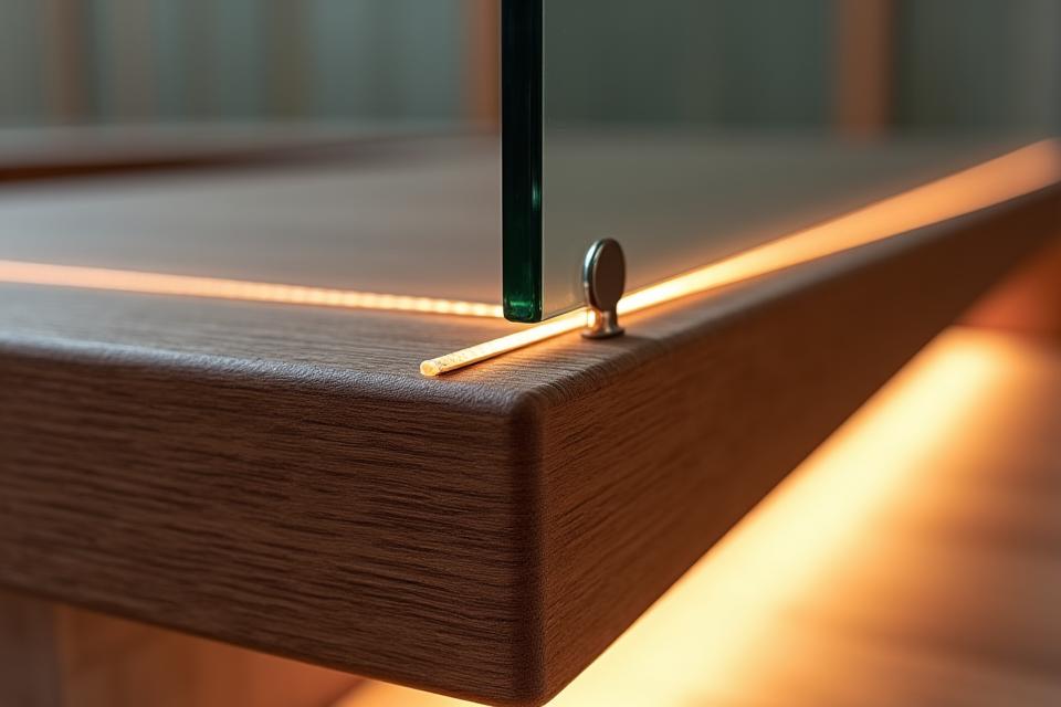 Close-up of a wooden stair tread seamlessly integrated with glass balustrade and subtle LED lighting, showcasing material innovation